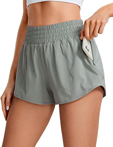 CRZ YOGA Damen High Waist Running Shorts Gym Sporthose Mesh Innenhose Schnelltrocknend Kurz Hose mit Zip Tasche - 6.4cm Sterling 42