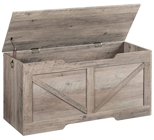 HOOBRO Coffre de Rangement, Banc de Rangement avec Couvercle en Bois, Solide, Stable, charnières de sécurité, Large Dessus, Armoire à Jouets, Banc à Chaussures, grège EBG771CW01