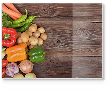 DEQORI Schneidebrett aus Glas | groß 40x30 cm | Motiv Frisches Gemüse auf Holz | Design Schneideplatte für Küche | Frühstücksbrett antibakteriell & rutschfest | Glasplatte & Servierplatte