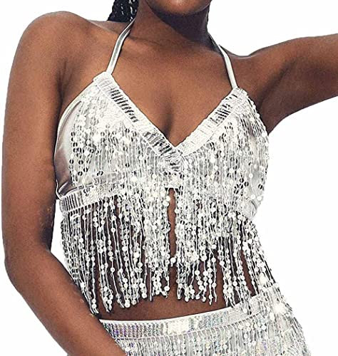 Pailletten-Top mit Neckholder, für Salsa, Bauchtanz, Boho, Festival, Club, Tribal-Top, Kostüm, mit Fransen, Quaste, Passung 32A bis 36B (Silber)