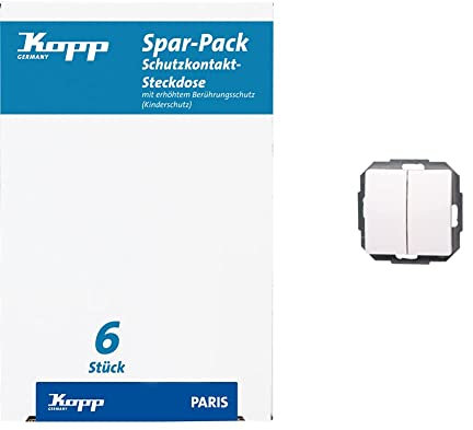 Kopp Paris Spar-Pack: 6 Schutzkontakt-Steckdosen mit Berührungsschutz I Schutzkontakt-Dosen 16 A / 250 V / IP20 I Arktis-Weiß – 920702011 & 650502062 Paris Serienschalter, Arktis-weiß
