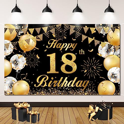 18 Años Decoración Fiesta de Cumpleaños 18 Pancarta Feliz Cumpleaños, Photocall 18 Cumpleaños 180 x 110 cm Fondo Cumpleaños, Extra Grande Oro Negro Cartel Decoración 18 Aniversario para Niños Niñas