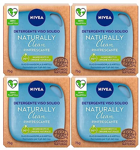 Nivea Naturally Clean Feststoffreiniger, erfrischendes Gesicht mit Mandelöl und Preiselbeeren Formel Vegan mit Zutaten 99 % natürlicher Herkunft – 4 Seifen à 75 g