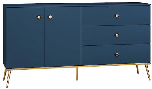 Sideboard Kommode, 160cm breit, in dunkelblau mit goldfarbenen Griffen und Füßen, B/H/T ca. 160/85/40 cm
