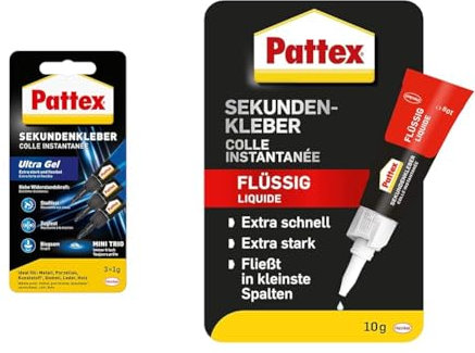 Bundle aus Pattex Sekundenkleber, Mini Trio Gel, Blister, 3x1g und Pattex Sekundenkleber, Classic flüssig, Blister, 10g