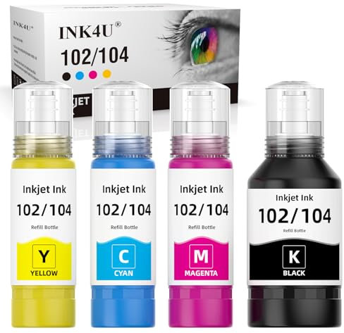 INK4U 102 104 Tinte Kompatibel Epson Tintenpatronen Nachfülltinte Multipack für EcoTank ET-2820 ET-2826 ET-2850 ET-2856 ET-2810 ET-4856 ET-2710 ET-2720 ET-2750 ET-4700 ET-4750