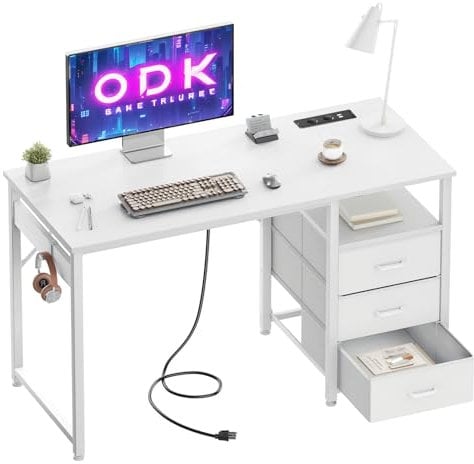ODK Schreibtisch mit 3 Schubladen aus Stoff, Computertisch mit 2 Steckdosen und USB-Buchsen, Umkehrbarer PC Tisch Bürotisch für Home Office(Weiß, 120x48x75,5 cm)