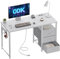ODK Schreibtisch mit 3 Schubladen aus Stoff, Computertisch mit 2 Steckdosen und USB-Buchsen, Umkehrbarer PC Tisch Bürotisch für Home Office(Weiß, 120x48x75,5 cm)