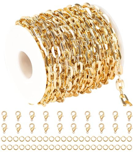 UMAOKANG 10 Meter vergoldete Kette zur Schmuckherstellung, Aluminiumkette, flache Büroklammer-Halskette für Damen, Schmuck, DIY-Zubehör