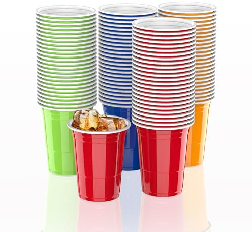 Metionga 100 Gobelet Reutilisable, Gobelet Rouge + 10 Balles, 480 ML/16 OZ Tasse À Boire 25 Rouges + 25 Bleus + 25 Verts + 25 Orange, Tasse Répétable Noël Anniversaire Mariage