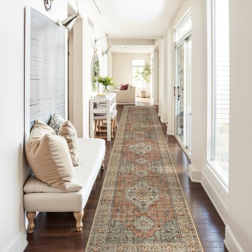 Lahome Oriental Kitchen Runners for Hallways, 2.5x12 Washable Runner Rug Non Slip, Soft Hallway Rug Distressed Ultra-Thin Long Carpet for Bathroom Entryway ‎Bedroom Eleanor, Peach/Orange