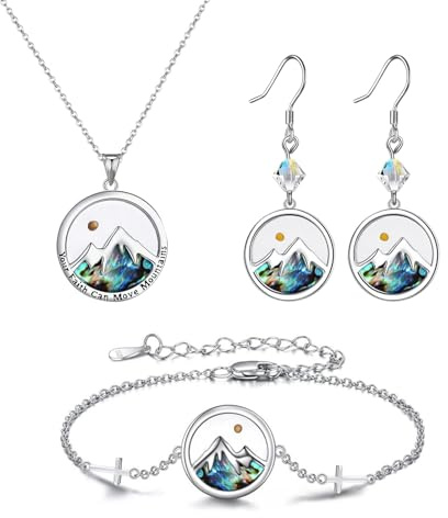 JewelryWe Senfkorn Christliche Schmuckset Damen Edelstahl Senfkorn Halskette Armband Ohrringe Set Abalone Muschel Berg Muster Anhänger Kette Armkette baumelnde Ohrringe Religiöser Schmuck
