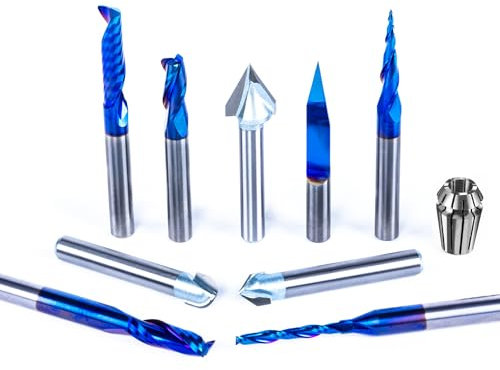 FoxAlien 1/4 Schaft CNC Router Bits Set für Relief Carving Enthält 1/4 ER11 Collet, V-Groove Bits, Spiral End Mills, Tapered Bit für Holzbearbeitung Beschriftung Sign Making (10-in-1)