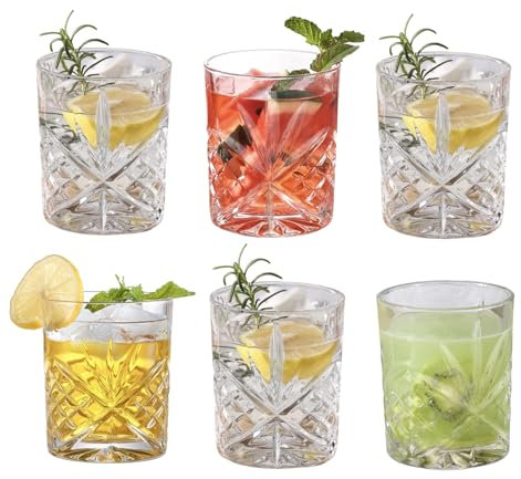 UNIQUE CRAFTS | Set of 6 Whiskey Glasses, 300ml | Crystal Clear Tumbler for Scotch | Vodka | Rum | Water | Juice | Microwave & Dishwasher Safe | Modern Diamond Cut Design