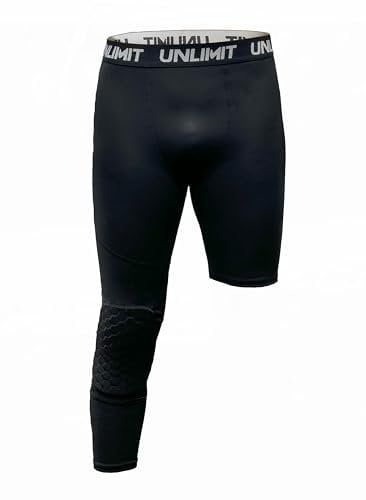 Adult Basketball Single Leg Compression Capris with Knee Pad, One Leg Tight w Knee Pad, Black, Black, Right Long, X-Large