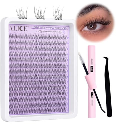 ALICE Natural Lash Clusters Kit Wispy Lash Extension Kit Clear Band Cluster Eyelash Extensions 168pcs C Curl 11-13mm Individual Lashes with Lash Glue Bond and Seal and Tweezers DIY at Home
