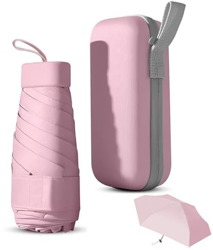 Amexo Kompakter Regenschirm, 6 Rippen Mini-Regenschirm Mini Faltbarer Reise Regenschirm mit Etui Sturmfest UV Schutz Mini Regenschirm Ultraleicht für Männer Frauen Kinder (Rosa)