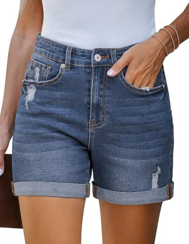 Roskiky Women's Casual Ripped Denim Shorts High Rise Distressed Rolled Hem Jeans Shorts