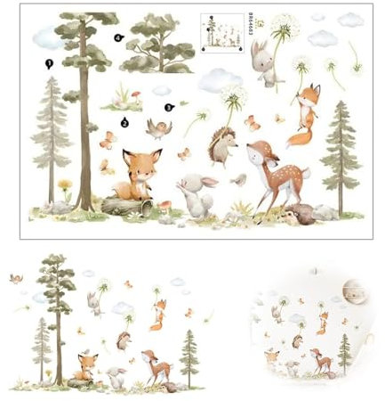 1 Stück Waldtiere Wandtattoo, Wandtattoo Waldtiere Baum Wandsticker Fuchs Hase REH Wandaufkleber Babyzimmer Pusteblume Wanddeko, Wandbilder für Wohnzimmer Schlafzimmer Babyzimmer