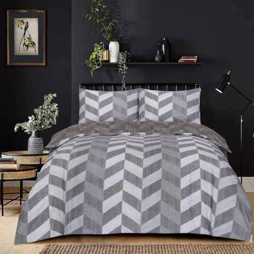 PRIME LINENS Duvet Cover Set 4 Pcs Polyester-Cotton Quilt Cover Bedding Set With Pillow Cases and Extra Fitted Sheet Included (Zigzag Grey, Double)