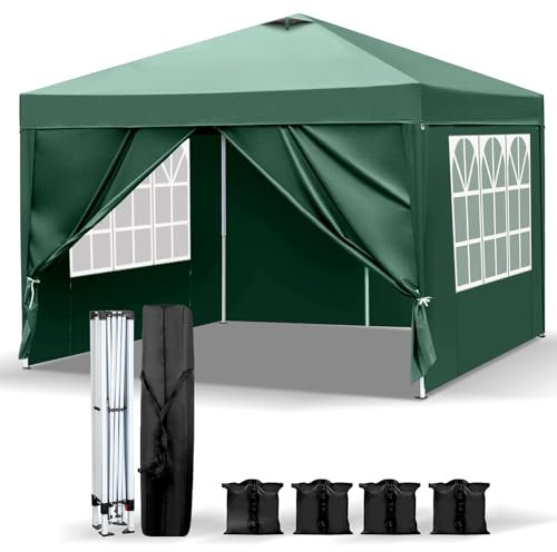 LEADZM Pavillon 3x3m,Pop-up Faltpavillon,Stabil,Wasserdicht, Winddicht,Höhenverstellbar,Entlüftung,UV Schutz 50+,mit 4 Seitenteilen und 4 Sandsäcke,Grün