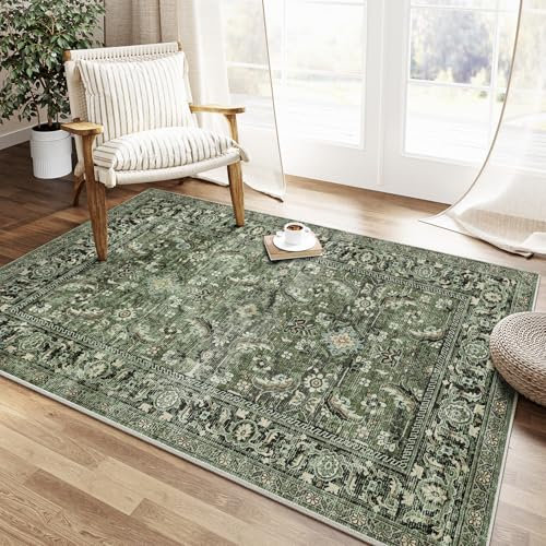 Vintage Grün Waschbarer Teppich Wohnzimmer 150x80cm Retro Rugs for Living Room Weich rutschfest Groß Tepich Kurzflor Schlafzimmer Carpet Living Room Bedroom Esszimmer Teppiche Büro
