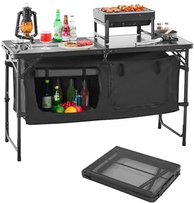VEVOR Table de Cuisine de Camping, 3 hauteurs réglables, Table de Cuisson extérieur Pliante, Portable et légère, en Aluminium, avec Organisateur de Rangement, pour Barbecue, Pique-Nique, Voyage, Noir