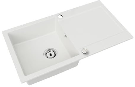 Faizee Home | Granitspüle 90x50 cm – Reversibles Spülbecken mit Abtropffläche inkl. Siphon & Drehexzenter | Kratzfest, hitzebeständig & für 45 cm Unterschränke (Weiß)