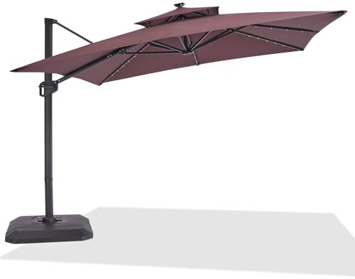 PortoAlegre Sonnenschirm LED Intelligente Solarladung, Doppelsonnenschirm XL 300 x 300cm, Windfeste & UV-Schutz, Drehbar Neigbar Kippbar Solare Rom-Markise 360° Rotation, Gartenschirm mit Kurbel, Rot