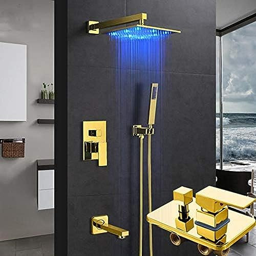 DLAZUM Ensemble de robinets de Douche encastrés à LED dorés de 16 Pouces, pommeau de Douche à Effet Pluie à LED, mitigeur 3 Voies en Laiton, Bec de Baignoire, Robinet de do