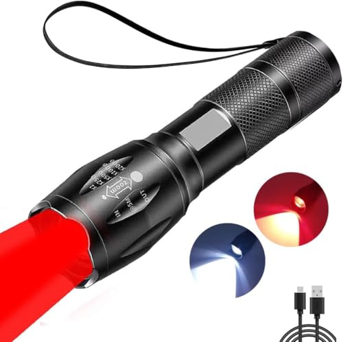 POCKETMAN 2 in 1 Red and White Rechargeable Flashlight, High Brightness Adjustable Zoom, Waterproof Portable LED Flashlight, Suitable for Night Observation, Outdoor Travel