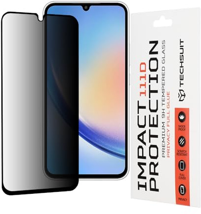 Techsuit Sichtschutzfolie für Samsung Galaxy A34 5G Gehärtetes Glas mit 9H Härte, Vollständige Abdeckung, Stoßschutz, Blickschutz Beschichtung, Anti Fingerabdruck, Blasenfrei, 111D Privacy Full Glue