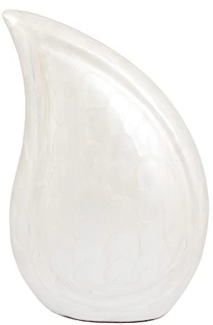 Aluminium Teardrop Urn ashes cremation funeral keepsake memorial Adult Capacity Handcrafted 12 Inch Secure Threaded Base Design (Pearl White)