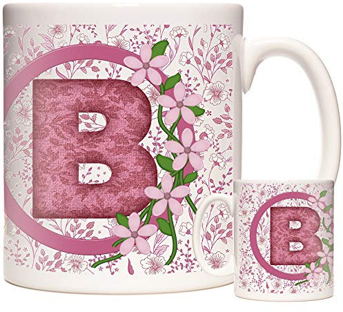 Letter B Gift Mug, Monogram Initial B Mug, Alphabet Letter B Mug, Birthday or Celebration Gift. Pink Flower Design 11oz Ceramic Mug