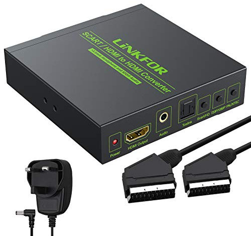 LiNKFOR SCART to HDMI Converter SCART and HDMI to HDMI Converter Support RGB CVBS Video Signals to HDMI 720P/1080P with 3.5mm Headphone Stereo Audio Compatible with HDTV STB PS3 Blu-ray DVD