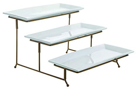 3 étages rectangulaire Plat de service, trois niveaux d'support de plateau à gâteau, Nourriture de serveur plaque d'affichage de rack, fil Doré doré