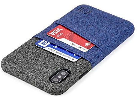 Dockem Wallet Case for iPhone XS Max: Built-in Metal Plate for Magnetic Mounting & 2 Card Slots (6.5 Luxe M2 Synthetic Leather, Blue & Grey)