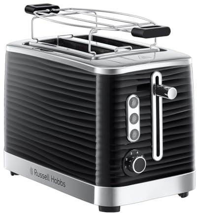 Russell Hobbs Grille-pain (2 Fentes Extra Large) Inspire noir (2 Tranches, structure brillante HQ, Tiroir à miettes, 6 niveaux de brunissage, décongélation et réchauffe-viennoiseries)Toaster 24371-56