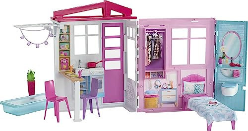 Barbie Mobilier Coffret Maison de Plain-Pied à emporter avec Piscine et Accessoires, Emballage fermé, Jouet pour Enfant, GLL69