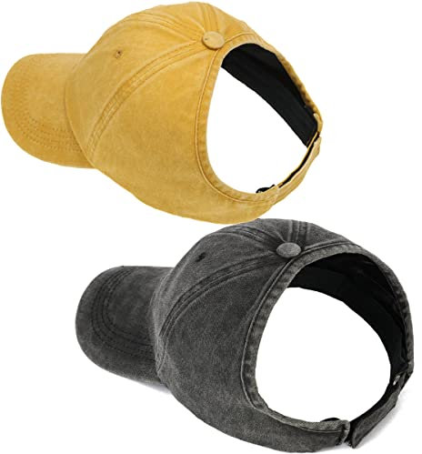 AICILY Baseballkappe für Damen mit offener Rückseite, für natürlich lockiges Haar, Afro-Frisur, Pferdeschwanz-Hut, 2er-Pack, Schwarz + Gelb, Einheitsgröße-L
