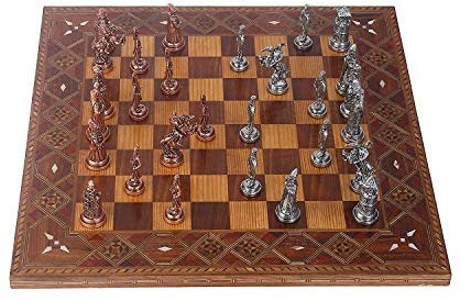 GiftHome Ottoman vs Byzantinische Figuren Metallschach-Set für Erwachsene, handgefertigte Stücke und natürliches massives Holz-Schachbrett, Original Pearl Around Board King 7,5 cm