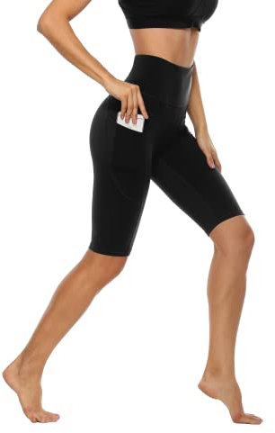 Anwell Damen Leggings Yoga kurz Sporthose Push up Blickdicht Sport Leggings High Waist Stretch Leggins Handytasche Schwarz L
