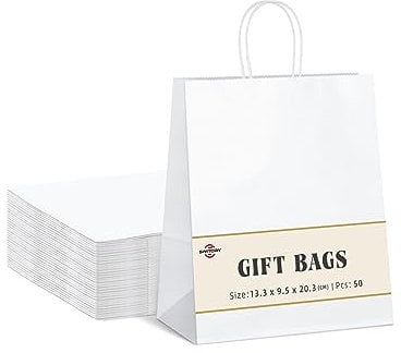 Switory 50 Stück Papiertüte mit Henkel, Weiße Papiertüten aus Kraftpapier, Candy Papiertüten, für Geburtstag, Hochzeiten, Einkaufen, Verpackungen, Partys(13,3x9,5x20,3 cm)