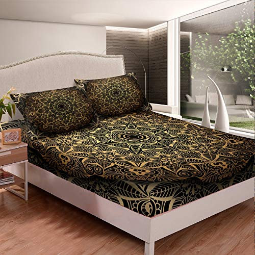 Boho Mandala Bettlaken Set Böhmischer Stil Spannbetttuch 140x200cm Für Kinder Kleinkind Frauen Exotische Blumen Spannbettlaken Luxus Golden Schwarz Bettdecke Schlafzimmer Dekor 3St