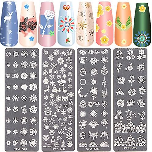 NICENEEDED Nail Art Stamping Kit With 4 PCS Nail Plates Nail Stamp Templates With Flower Patterns Image Plates For DIY Decoration