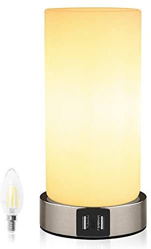 BELLALICHT Nachttischlampe Touch Dimmbar, E14 Tischlampe Glasschirm Tischleuchte 3 Helligkeitsstufen mit Leuchtmittel, 2 USB-Anschlüsse - Warmlicht