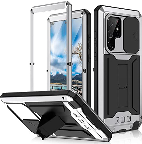 Metal Case for Samsung Galaxy S22 Ultra, Outdoor Heavy Duty Military Metal case Built-in Screen Kickstand Slide Case Camera Lens Protector Dust / Shockproof Full Body Case (Silver)