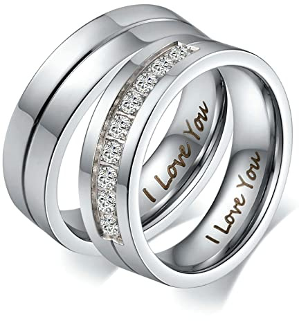 Bishilin Paarringe für Sie und Ihn Set, Verlobung Ringe 6MM mit Gravur I Love You Partnerringe Freundschaftsringe Nickelfrei Damen Gr.60 (19.1) & Herren Gr.62 (19.7)