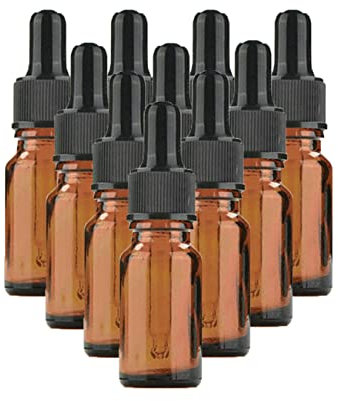 Lot de 10 flacons compte-gouttes en verre ambré avec bouchons noirs - 10 ml - Pour huiles essentielles