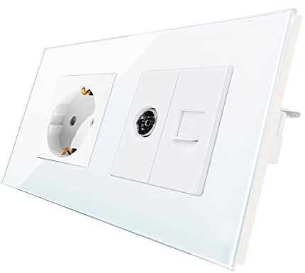 CNBINGO Enchufe Schuko de cristal empotrado con combinación CAT6 red TV, enchufe individual blanco, enchufe de pared simple con marco de cristal